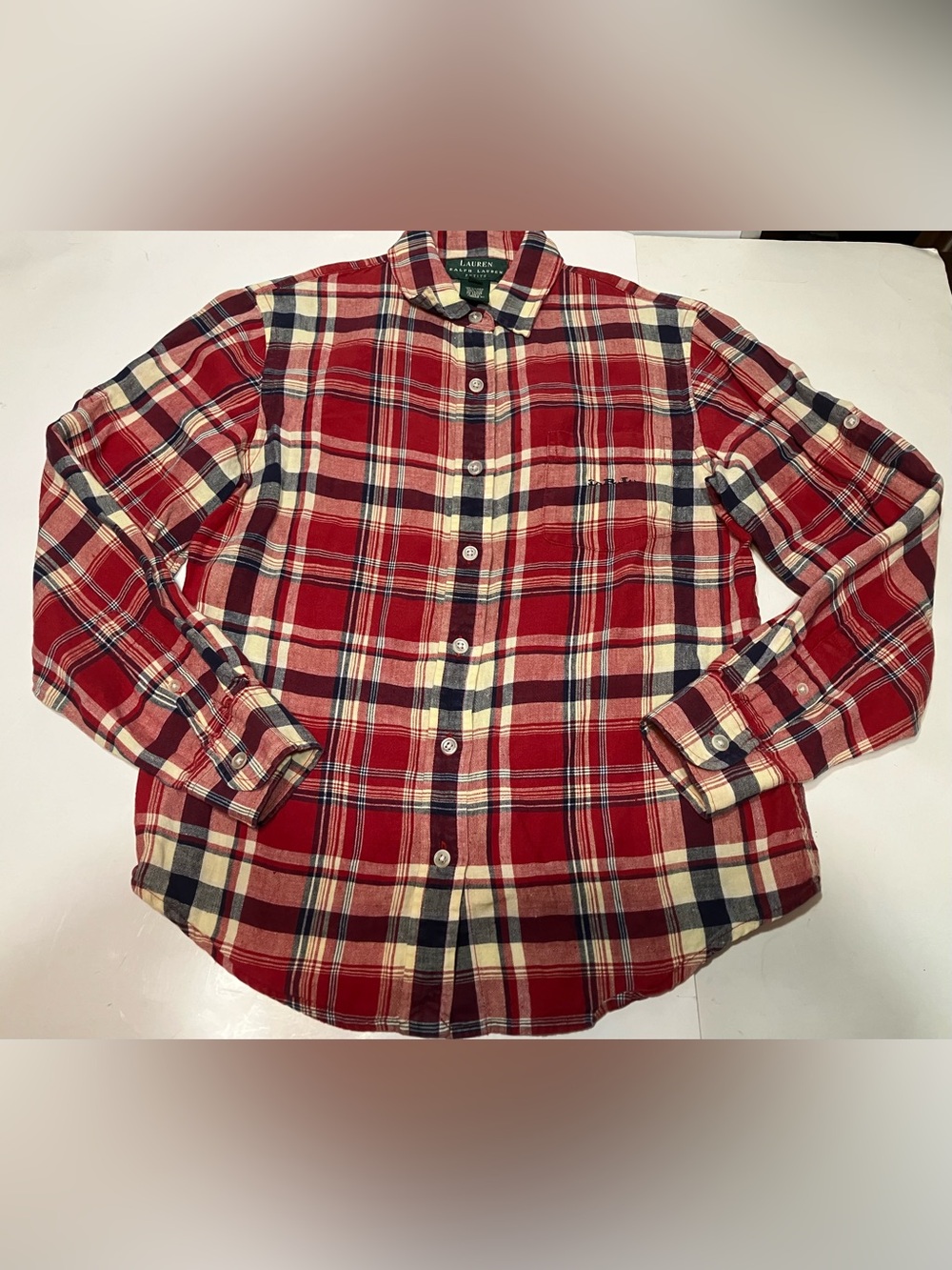 Lauren Ralph Lauren Petite Red Button Down Long Sleeve P/S 100% Linen Fall Color